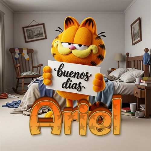 Garfield en dormitorio con pizarra blanca que dice 'Buenos Días', nombre en base 3D degradada naranja abajo. Nombre personalizado: Ariel.