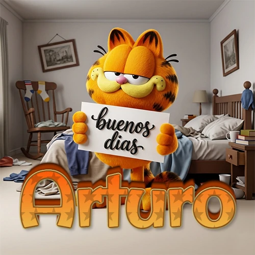 Garfield en dormitorio con pizarra blanca que dice 'Buenos Días', nombre en base 3D degradada naranja abajo. Nombre personalizado: Arturo.