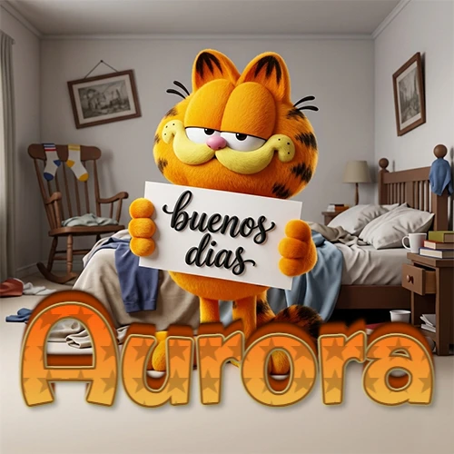 Garfield en dormitorio con pizarra blanca que dice 'Buenos Días', nombre en base 3D degradada naranja abajo. Nombre personalizado: Aurora.