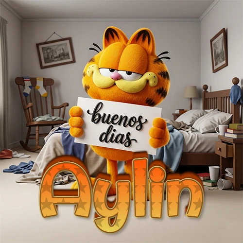 Garfield en dormitorio con pizarra blanca que dice 'Buenos Días', nombre en base 3D degradada naranja abajo. Nombre personalizado: Aylin.