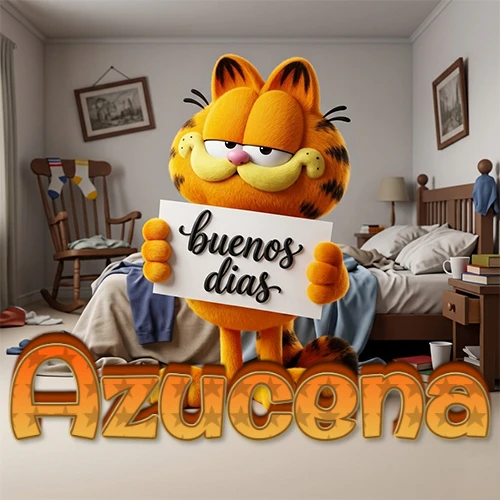 Garfield en dormitorio con pizarra blanca que dice 'Buenos Días', nombre en base 3D degradada naranja abajo. Nombre personalizado: Azucena.