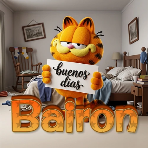 Garfield en dormitorio con pizarra blanca que dice 'Buenos Días', nombre en base 3D degradada naranja abajo. Nombre personalizado: Bairon.