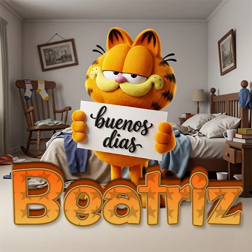 Garfield en dormitorio con pizarra blanca que dice 'Buenos Días', nombre en base 3D degradada naranja abajo. Nombre personalizado: Beatriz.