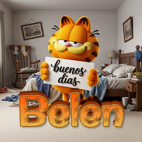 Garfield en dormitorio con pizarra blanca que dice 'Buenos Días', nombre en base 3D degradada naranja abajo. Nombre personalizado: Belen.