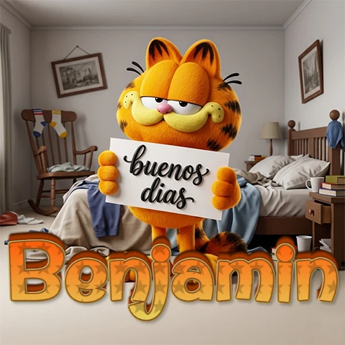 Garfield en dormitorio con pizarra blanca que dice 'Buenos Días', nombre en base 3D degradada naranja abajo. Nombre personalizado: Benjamin.