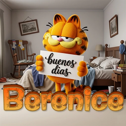 Garfield en dormitorio con pizarra blanca que dice 'Buenos Días', nombre en base 3D degradada naranja abajo. Nombre personalizado: Berenice.