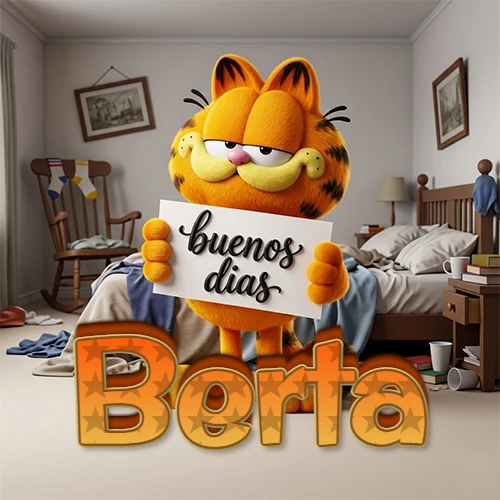 Garfield en dormitorio con pizarra blanca que dice 'Buenos Días', nombre en base 3D degradada naranja abajo. Nombre personalizado: Berta.
