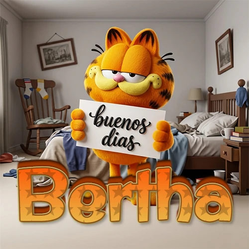 Garfield en dormitorio con pizarra blanca que dice 'Buenos Días', nombre en base 3D degradada naranja abajo. Nombre personalizado: Bertha.