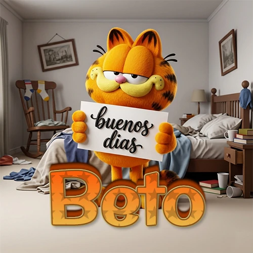 Garfield en dormitorio con pizarra blanca que dice 'Buenos Días', nombre en base 3D degradada naranja abajo. Nombre personalizado: Beto.