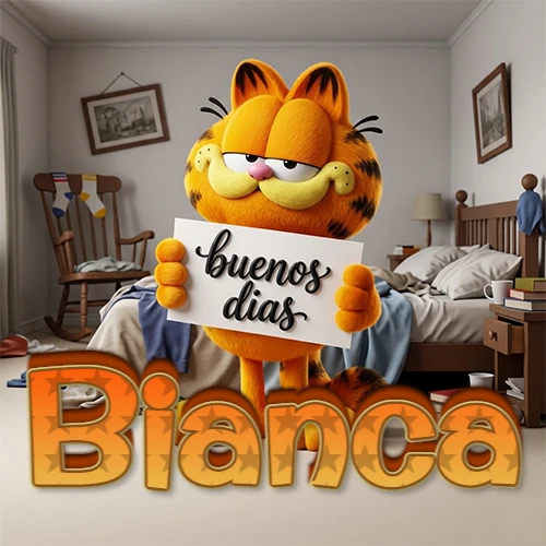 Garfield en dormitorio con pizarra blanca que dice 'Buenos Días', nombre en base 3D degradada naranja abajo. Nombre personalizado: Bianca. Garfield en dormitorio con pizarra blanca que dice 'Buenos Días', nombre en base 3D degradada naranja abajo. Nombre personalizado: Bianca.