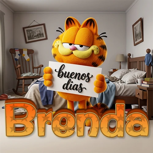 Garfield en dormitorio con pizarra blanca que dice 'Buenos Días', nombre en base 3D degradada naranja abajo. Nombre personalizado: Brenda.