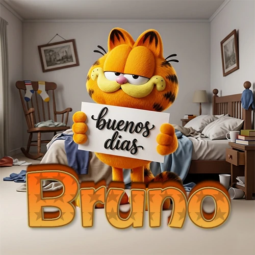 Garfield en dormitorio con pizarra blanca que dice 'Buenos Días', nombre en base 3D degradada naranja abajo. Nombre personalizado: Bruno.
