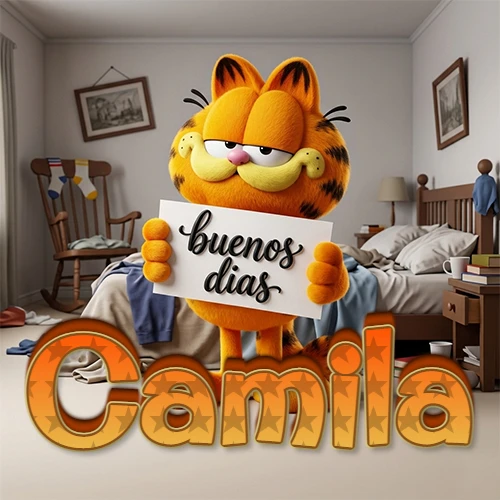 Garfield en dormitorio con pizarra blanca que dice 'Buenos Días', nombre en base 3D degradada naranja abajo. Nombre personalizado: Camila.