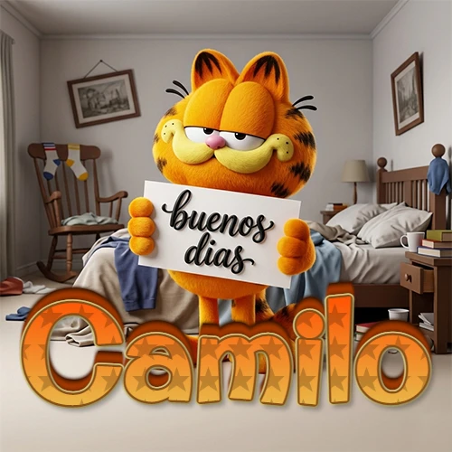 Garfield en dormitorio con pizarra blanca que dice 'Buenos Días', nombre en base 3D degradada naranja abajo. Nombre personalizado: Camilo.