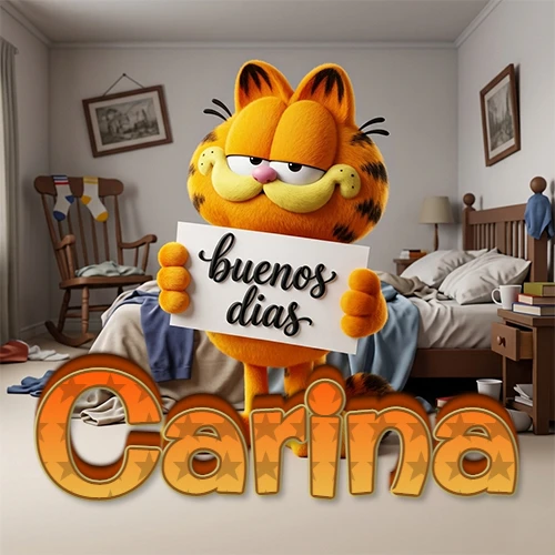 Garfield en dormitorio con pizarra blanca que dice 'Buenos Días', nombre en base 3D degradada naranja abajo. Nombre personalizado: Carina.