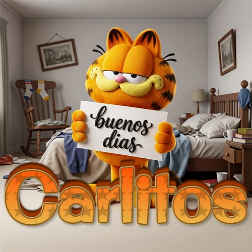 Garfield en dormitorio con pizarra blanca que dice 'Buenos Días', nombre en base 3D degradada naranja abajo. Nombre personalizado: Carlitos.