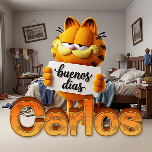 Garfield en dormitorio con pizarra blanca que dice 'Buenos Días', nombre en base 3D degradada naranja abajo. Nombre personalizado: Carlos.