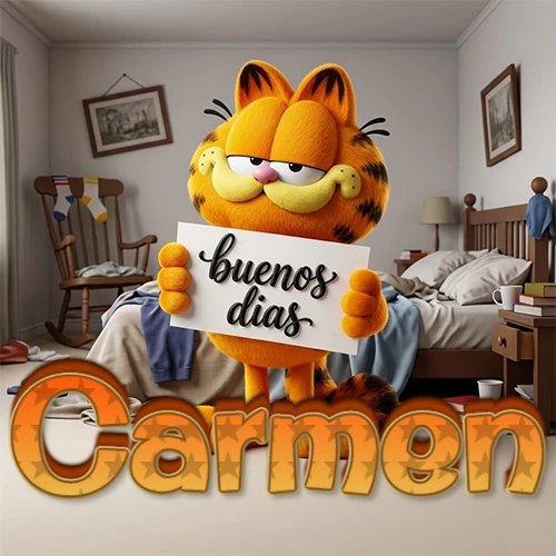 Garfield en dormitorio con pizarra blanca que dice 'Buenos Días', nombre en base 3D degradada naranja abajo. Nombre personalizado: Carmen.