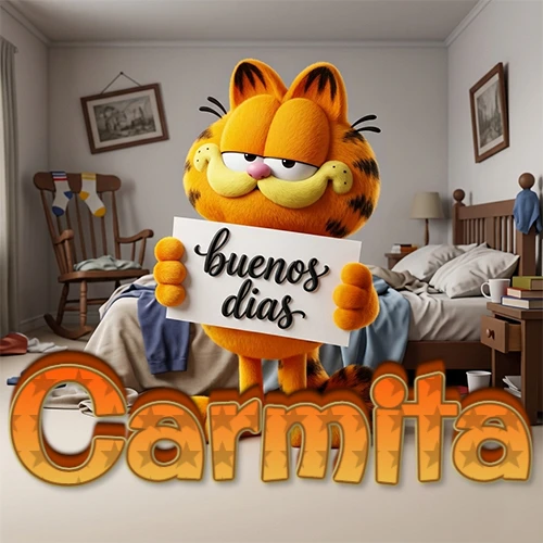 Garfield en dormitorio con pizarra blanca que dice 'Buenos Días', nombre en base 3D degradada naranja abajo. Nombre personalizado: Carmita.