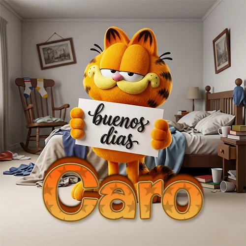 Garfield en dormitorio con pizarra blanca que dice 'Buenos Días', nombre en base 3D degradada naranja abajo. Nombre personalizado: Caro. Garfield en dormitorio con pizarra blanca que dice 'Buenos Días', nombre en base 3D degradada naranja abajo. Nombre personalizado: Caro.