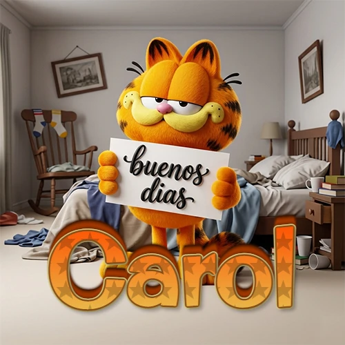 Garfield en dormitorio con pizarra blanca que dice 'Buenos Días', nombre en base 3D degradada naranja abajo. Nombre personalizado: Carol. Garfield en dormitorio con pizarra blanca que dice 'Buenos Días', nombre en base 3D degradada naranja abajo. Nombre personalizado: Carol.