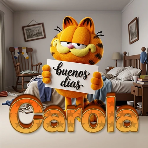 Garfield en dormitorio con pizarra blanca que dice 'Buenos Días', nombre en base 3D degradada naranja abajo. Nombre personalizado: Carola. Garfield en dormitorio con pizarra blanca que dice 'Buenos Días', nombre en base 3D degradada naranja abajo. Nombre personalizado: Carola.