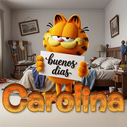 Garfield en dormitorio con pizarra blanca que dice 'Buenos Días', nombre en base 3D degradada naranja abajo. Nombre personalizado: Carolina. Garfield en dormitorio con pizarra blanca que dice 'Buenos Días', nombre en base 3D degradada naranja abajo. Nombre personalizado: Carolina.