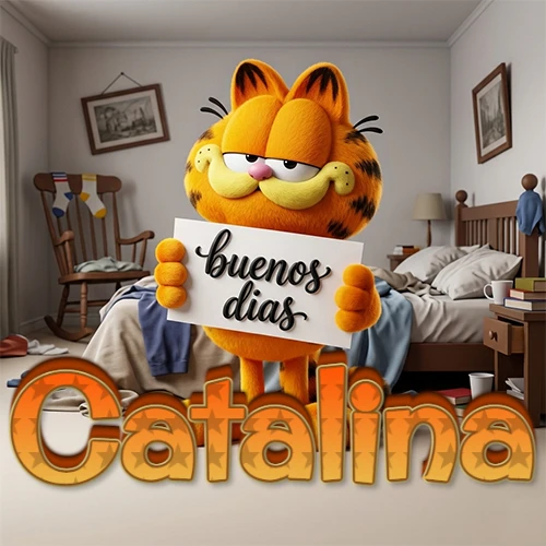 Garfield en dormitorio con pizarra blanca que dice 'Buenos Días', nombre en base 3D degradada naranja abajo. Nombre personalizado: Catalina. Garfield en dormitorio con pizarra blanca que dice 'Buenos Días', nombre en base 3D degradada naranja abajo. Nombre personalizado: Catalina.