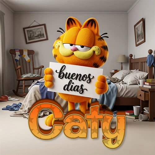 Garfield en dormitorio con pizarra blanca que dice 'Buenos Días', nombre en base 3D degradada naranja abajo. Nombre personalizado: Caty. Garfield en dormitorio con pizarra blanca que dice 'Buenos Días', nombre en base 3D degradada naranja abajo. Nombre personalizado: Caty.