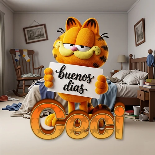 Garfield en dormitorio con pizarra blanca que dice 'Buenos Días', nombre en base 3D degradada naranja abajo. Nombre personalizado: Ceci. Garfield en dormitorio con pizarra blanca que dice 'Buenos Días', nombre en base 3D degradada naranja abajo. Nombre personalizado: Ceci.