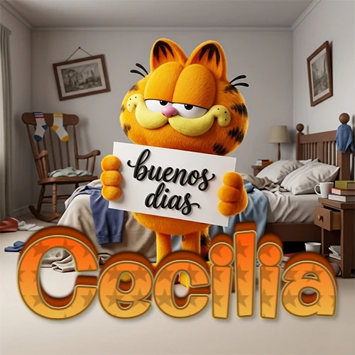 Garfield en dormitorio con pizarra blanca que dice 'Buenos Días', nombre en base 3D degradada naranja abajo. Nombre personalizado: Cecilia. Garfield en dormitorio con pizarra blanca que dice 'Buenos Días', nombre en base 3D degradada naranja abajo. Nombre personalizado: Cecilia.