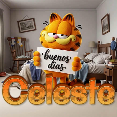 Garfield en dormitorio con pizarra blanca que dice 'Buenos Días', nombre en base 3D degradada naranja abajo. Nombre personalizado: Celeste. Garfield en dormitorio con pizarra blanca que dice 'Buenos Días', nombre en base 3D degradada naranja abajo. Nombre personalizado: Celeste.