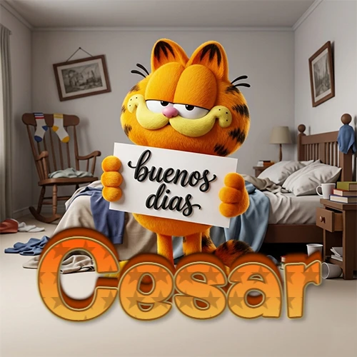 Garfield en dormitorio con pizarra blanca que dice 'Buenos Días', nombre en base 3D degradada naranja abajo. Nombre personalizado: Cesar. Garfield en dormitorio con pizarra blanca que dice 'Buenos Días', nombre en base 3D degradada naranja abajo. Nombre personalizado: Cesar.