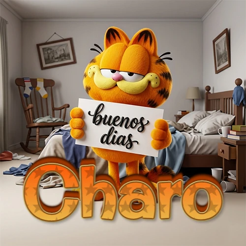 Garfield en dormitorio con pizarra blanca que dice 'Buenos Días', nombre en base 3D degradada naranja abajo. Nombre personalizado: Charo. Garfield en dormitorio con pizarra blanca que dice 'Buenos Días', nombre en base 3D degradada naranja abajo. Nombre personalizado: Charo.