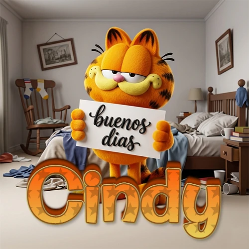 Garfield en dormitorio con pizarra blanca que dice 'Buenos Días', nombre en base 3D degradada naranja abajo. Nombre personalizado: Cindy. Garfield en dormitorio con pizarra blanca que dice 'Buenos Días', nombre en base 3D degradada naranja abajo. Nombre personalizado: Cindy.