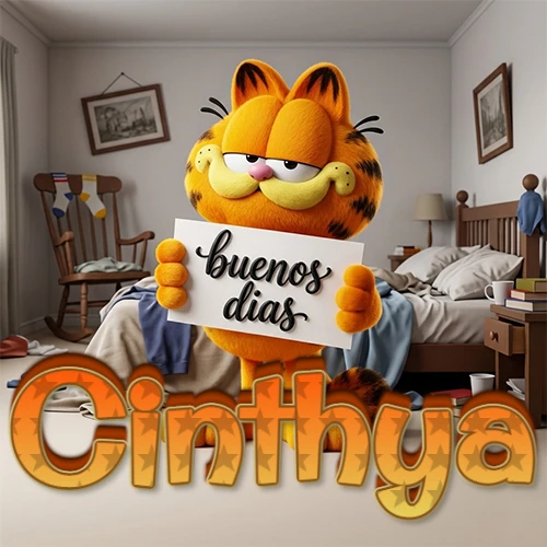 Garfield en dormitorio con pizarra blanca que dice 'Buenos Días', nombre en base 3D degradada naranja abajo. Nombre personalizado: Cinthya. Garfield en dormitorio con pizarra blanca que dice 'Buenos Días', nombre en base 3D degradada naranja abajo. Nombre personalizado: Cinthya.