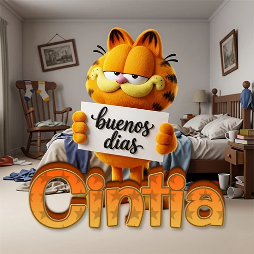 Garfield en dormitorio con pizarra blanca que dice 'Buenos Días', nombre en base 3D degradada naranja abajo. Nombre personalizado: Cintia. Garfield en dormitorio con pizarra blanca que dice 'Buenos Días', nombre en base 3D degradada naranja abajo. Nombre personalizado: Cintia.