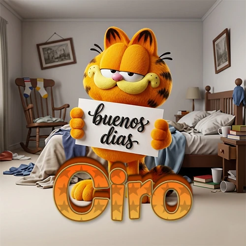 Garfield en dormitorio con pizarra blanca que dice 'Buenos Días', nombre en base 3D degradada naranja abajo. Nombre personalizado: Ciro. Garfield en dormitorio con pizarra blanca que dice 'Buenos Días', nombre en base 3D degradada naranja abajo. Nombre personalizado: Ciro.