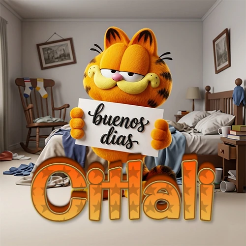 Garfield en dormitorio con pizarra blanca que dice 'Buenos Días', nombre en base 3D degradada naranja abajo. Nombre personalizado: Citlali. Garfield en dormitorio con pizarra blanca que dice 'Buenos Días', nombre en base 3D degradada naranja abajo. Nombre personalizado: Citlali.