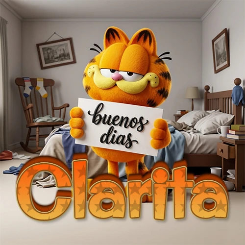 Garfield en dormitorio con pizarra blanca que dice 'Buenos Días', nombre en base 3D degradada naranja abajo. Nombre personalizado: Clarita. Garfield en dormitorio con pizarra blanca que dice 'Buenos Días', nombre en base 3D degradada naranja abajo. Nombre personalizado: Clarita.