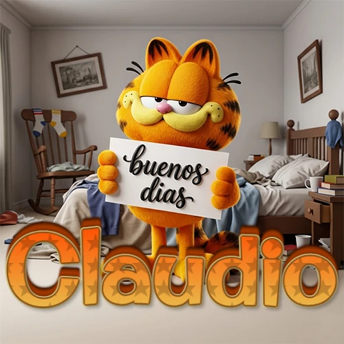 Garfield en dormitorio con pizarra blanca que dice 'Buenos Días', nombre en base 3D degradada naranja abajo. Nombre personalizado: Claudio. Garfield en dormitorio con pizarra blanca que dice 'Buenos Días', nombre en base 3D degradada naranja abajo. Nombre personalizado: Claudio.