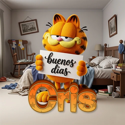 Garfield en dormitorio con pizarra blanca que dice 'Buenos Días', nombre en base 3D degradada naranja abajo. Nombre personalizado: Cris. Garfield en dormitorio con pizarra blanca que dice 'Buenos Días', nombre en base 3D degradada naranja abajo. Nombre personalizado: Cris.