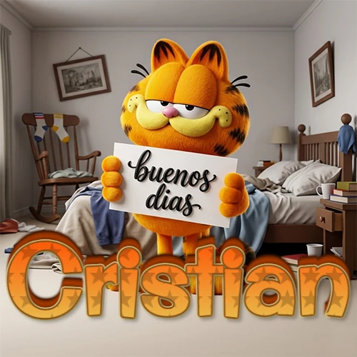 Garfield en dormitorio con pizarra blanca que dice 'Buenos Días', nombre en base 3D degradada naranja abajo. Nombre personalizado: Cristian. Garfield en dormitorio con pizarra blanca que dice 'Buenos Días', nombre en base 3D degradada naranja abajo. Nombre personalizado: Cristian.
