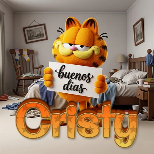 Garfield en dormitorio con pizarra blanca que dice 'Buenos Días', nombre en base 3D degradada naranja abajo. Nombre personalizado: Cristy. Garfield en dormitorio con pizarra blanca que dice 'Buenos Días', nombre en base 3D degradada naranja abajo. Nombre personalizado: Cristy.