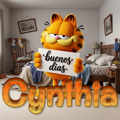 Garfield en dormitorio con pizarra blanca que dice 'Buenos Días', nombre en base 3D degradada naranja abajo. Nombre personalizado: Cynthia. Garfield en dormitorio con pizarra blanca que dice 'Buenos Días', nombre en base 3D degradada naranja abajo. Nombre personalizado: Cynthia.