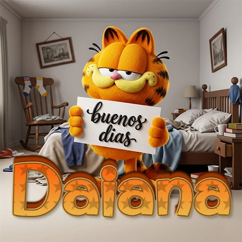 Garfield en dormitorio con pizarra blanca que dice 'Buenos Días', nombre en base 3D degradada naranja abajo. Nombre personalizado: Daiana. Garfield en dormitorio con pizarra blanca que dice 'Buenos Días', nombre en base 3D degradada naranja abajo. Nombre personalizado: Daiana.
