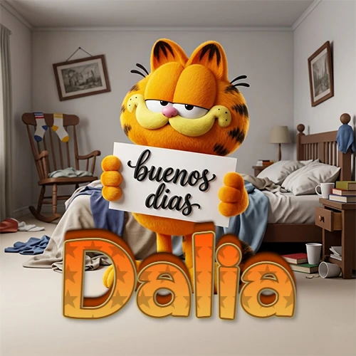 Garfield en dormitorio con pizarra blanca que dice 'Buenos Días', nombre en base 3D degradada naranja abajo. Nombre personalizado: Dalia. Garfield en dormitorio con pizarra blanca que dice 'Buenos Días', nombre en base 3D degradada naranja abajo. Nombre personalizado: Dalia.