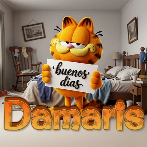 Garfield en dormitorio con pizarra blanca que dice 'Buenos Días', nombre en base 3D degradada naranja abajo. Nombre personalizado: Damaris. Garfield en dormitorio con pizarra blanca que dice 'Buenos Días', nombre en base 3D degradada naranja abajo. Nombre personalizado: Damaris.