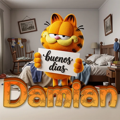 Garfield en dormitorio con pizarra blanca que dice 'Buenos Días', nombre en base 3D degradada naranja abajo. Nombre personalizado: Damian. Garfield en dormitorio con pizarra blanca que dice 'Buenos Días', nombre en base 3D degradada naranja abajo. Nombre personalizado: Damian.