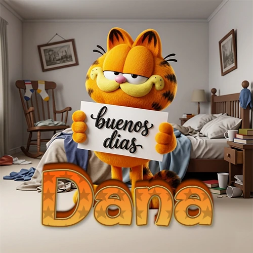 Garfield en dormitorio con pizarra blanca que dice 'Buenos Días', nombre en base 3D degradada naranja abajo. Nombre personalizado: Dana. Garfield en dormitorio con pizarra blanca que dice 'Buenos Días', nombre en base 3D degradada naranja abajo. Nombre personalizado: Dana.